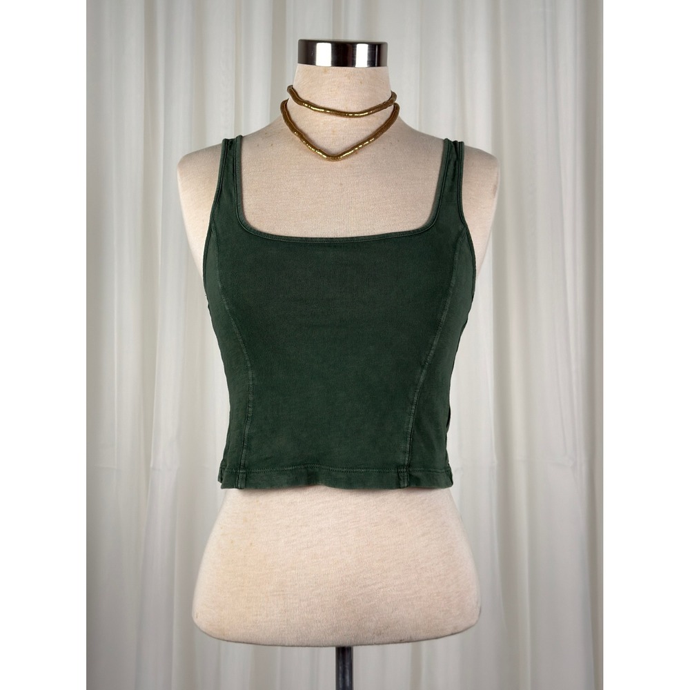 Aerie Dark Green Square Neck Crop Tank Top Cotton Y2K Basic Small